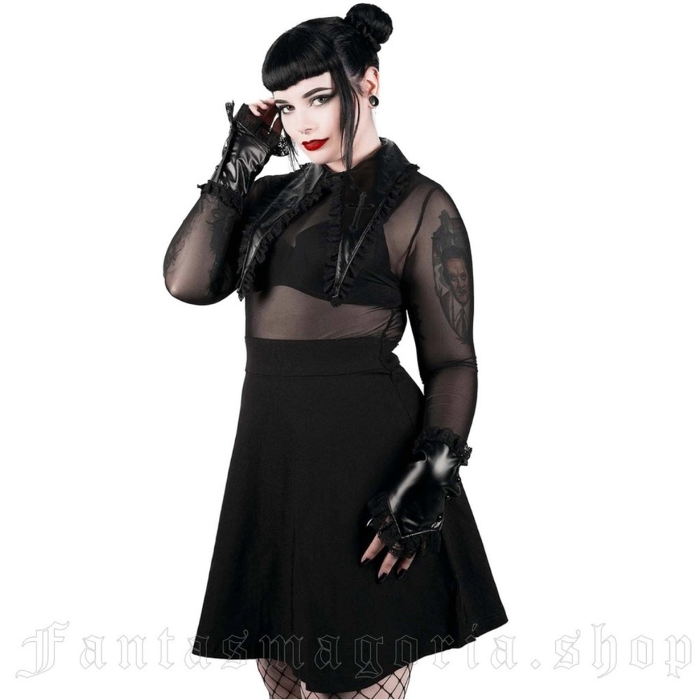 Killstar Black Oversized Faux Leather/Lace Collar And Cuffs Dress, Size 4XL